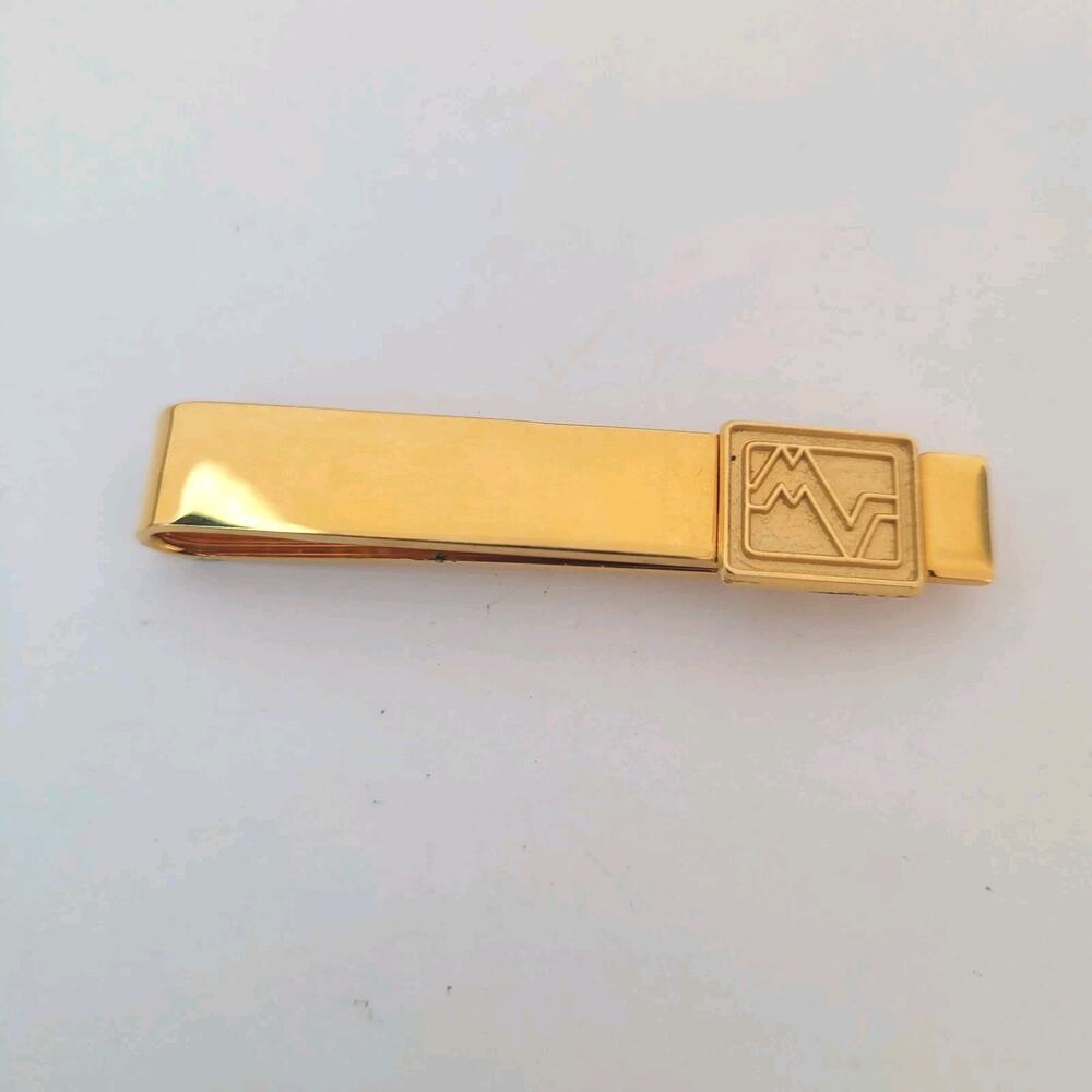 Mario Valentino MV USA Vintage Tack Tie Clasp Clip Bar Gold Retro Logo Rectangle - Picture 1 of 6
